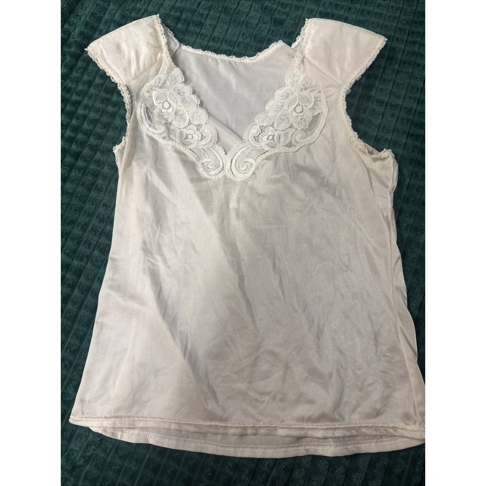 VTG Vanity Fair Lace Trim 90's Padded Shoulder Coquette Cami Ivory 38 Dollette